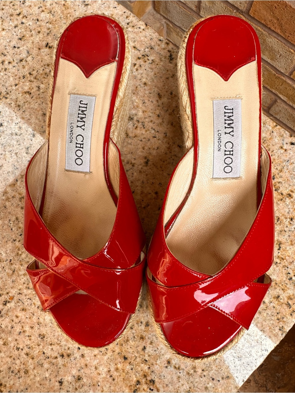 Jimmy Choo Red Patent Leather Crossover Slide Mules. Size 37.